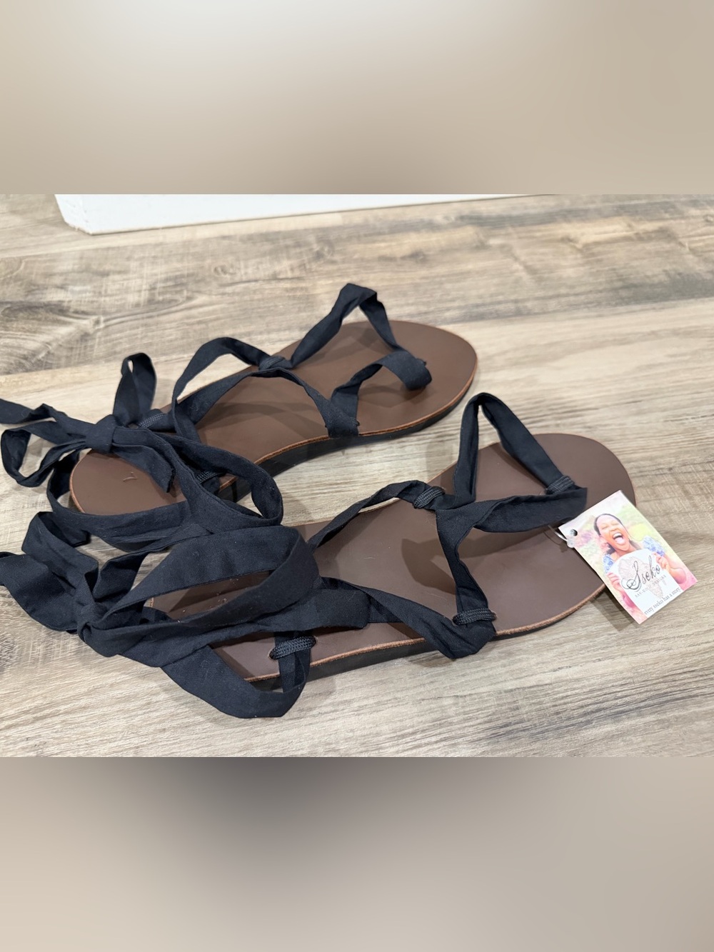 Sseko Designs Phoebe Black Ribbon Tie Sandals Size 7